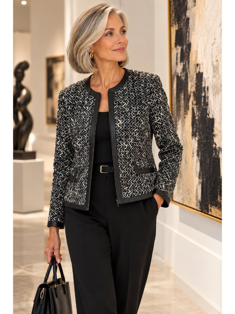 Dana Buchman Black White Boucle Tweed Jacket Leather Trim Wool Blend 16